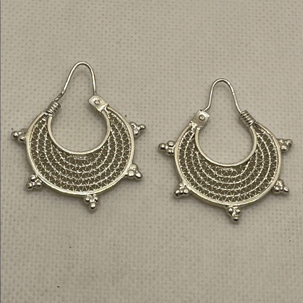 Sterling Silver Filigree Crescent Hoop Earrings